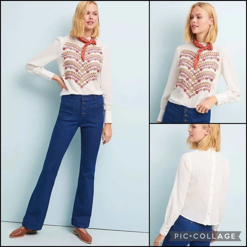 Anthro Meadow Rue Embroidered Mock Neck Button Down Back Blouse